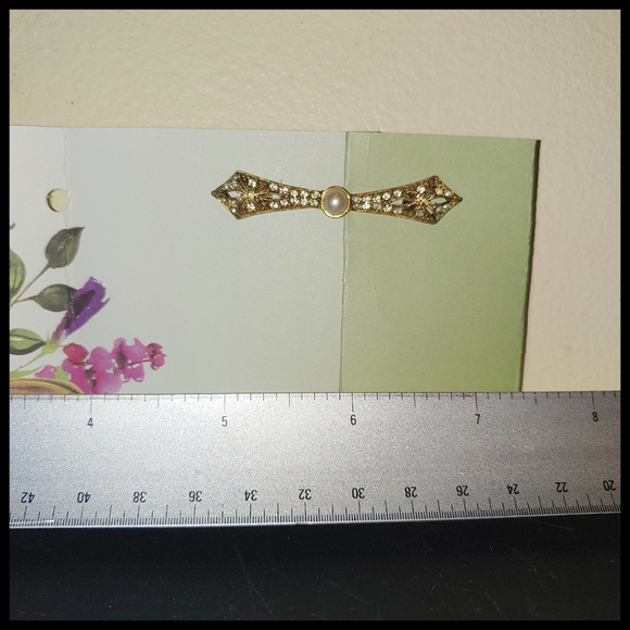 Vintage Rhinestone and Faux Pearl Bar Brooch - Picture 3 of 7